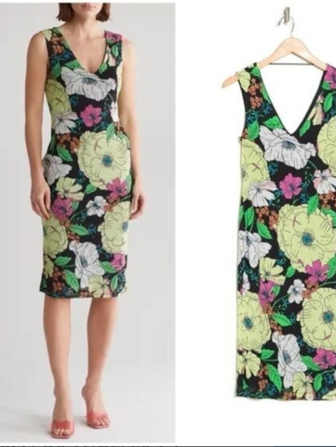 Afrm Los Angeles Floral V-Neck Black Midi Dress With Pink, Green Floral Size M